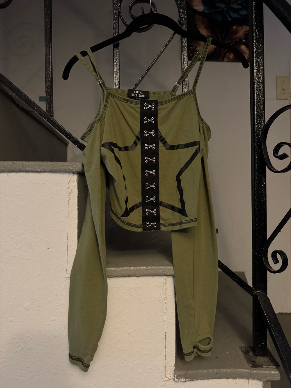 Social Collection Olive Green Star Strap Cold-Shoulder Camisole